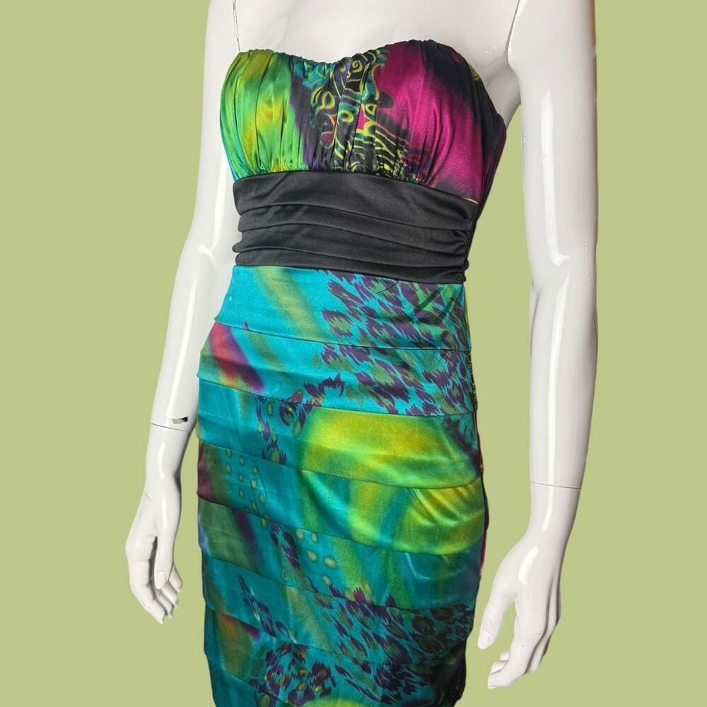 Y2K Strapless Kaleidoscopic Satin Collage Colorful Tiered Cocktail Dress
